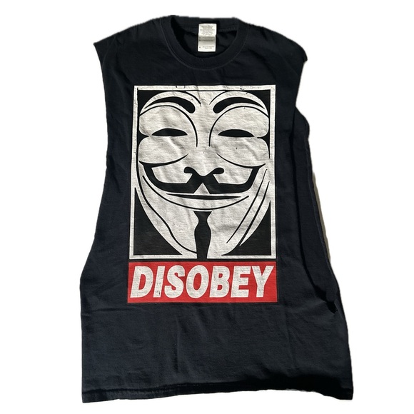 Disobey V for Vendetta Cut Off Sleeveless Graphic Tee Black Size M - Picture 1 of 8